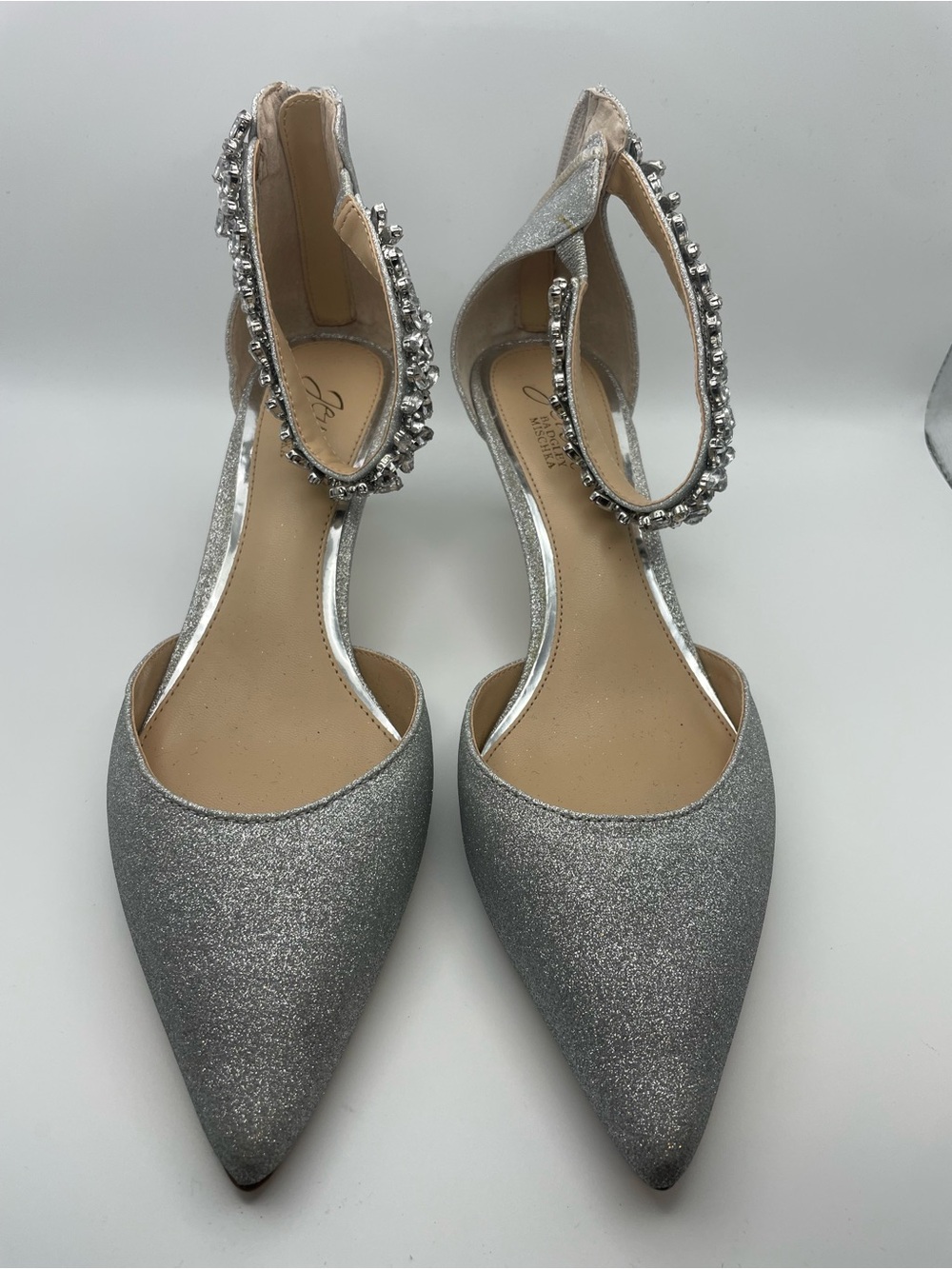 Jewel Badgley Mischka silver jeweled heels size 8